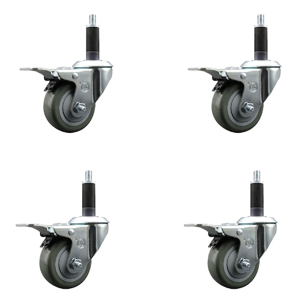 3'' SS Gray Poly Swivel 1'' Expanding Stem Caster Set Total Lock Brake, 4PK
